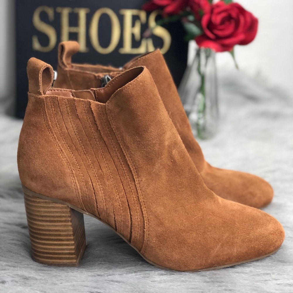 14th & Union Tan Stacked Heeled Suede Booties - Picture 8 of 8